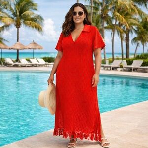 Eloquii Red Crochet Knit Maxi Dress Cover Up Fringe Hem Size 26/28